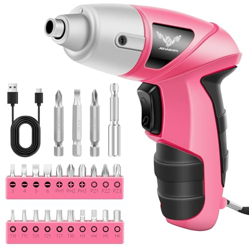 JENABOM Electric Cordless Screwdriver, 3.6V Rechargeable Screwdriver, 3.5N.m Max Torque, LED Light, 24 Pcs, Ideal for Women Daily & Light Industrial Use, DIY, Pink