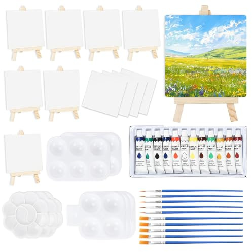 8 Stück Mini Leinwand mit Staffelei mit Acrylfarben & 2 Malpaletten Kreativset,10x10cm Leinwand mit 15 x 8 cm Mini Staffelei für Kinder Partyzeichnungen,Zum Zeichnen für Hochzeit Geburtstag Taufe Par