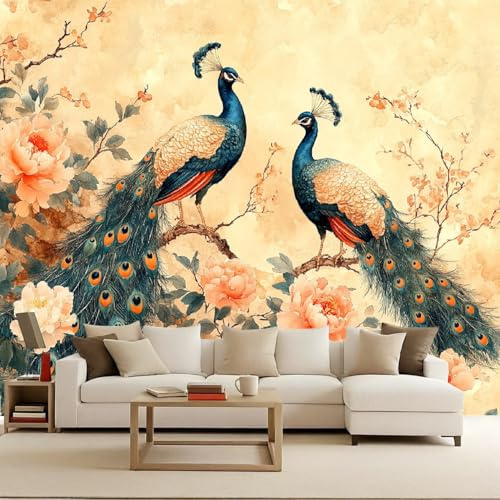 Carta da Parati Fotografica 250x175 cm Pavone Colorato Piante Fiori Uccelli Effetti 3D Murale Moderna Non Tessuto Opaco Poster da Parete Per Camera da Letto Soggiorno Ufficio Decorazione Domestica