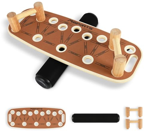 MSPORTS Push-Up Board Holz Premium mit Rolle – Multifunktionales Liegestützbrett für Core, Balance & Krafttraining – 15 Griffpositionen, massive Griffe, Anti-Rutsch, Home Gym Fitnessgerät