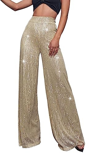 Glitzer Hose Damen Pailettenhose Weites Bein Hose High Waist Glitzerhosen Elegant Lang Freizeithose Frauen Party Festival Club Hosen Glänzende 70er 80er Mottoparty Disco Outfit Clubwear Streetwear