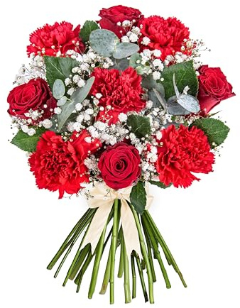 Bouquet Amore pour la Saint-Valentin - Un mélange envoûtant de roses rouges, d'œillets rouges, d'eucalyptus et de cyprès du Japon. - Fleurs fraîches - Fleurs pour elle - Bouquet de Saint-Valentin