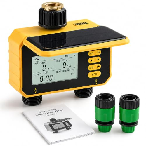 Solar Water Timer, 2-Zone LCD Garden Hose Irrigation Controller | Automatic 2-zone watering with rain delay and manual mode; ideal for lawns, greenhouses, patios and garden hoses