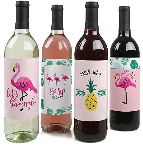 Big Dot of Happiness - Pink Flamingo - Party Like a Pineapple - Tropical Summer Party Decorations for Women and Men - Wine Bottle Label Stickers - Set of 4