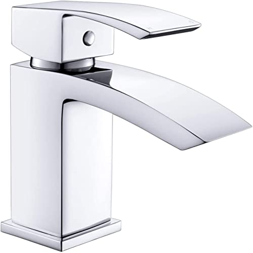 Bathroom Basin Sink Mixer Taps with Waterfall Spout, Square Moono Bathroom Sink Tap Single Lever Monobloc Brass Chrome Basin Taps 1 Hole with Hot and Cold Hoses