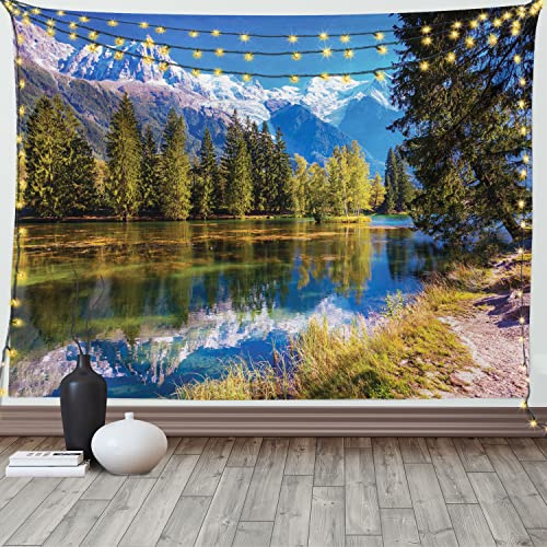 ABAKUHAUS Natur Wandteppich und Tagesdecke, Snowy Alps See Pine aus Weiches Mikrofaser Stoff Waschbar ohne Verblassen Digitaldruck, 230 x 140 cm, Grün und Weiß