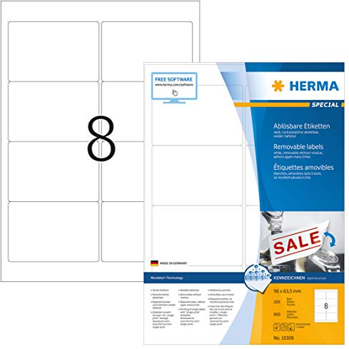 HERMA Etikett, Inkjet/Laser/Kopierer, selbstklebend, ablösbar, abgerundete Ecken, 96 x 63,5 mm, weiß (800 Stück), Sie erhalten 1 Packung á 800 Stück