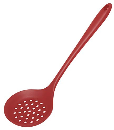 77L Slotted Spoon, Heatproof Skimmer Strainer Slotted Spoon, Seamless One-Piece Non-Stick Cooking Silicone Scoop Ladle with Ergonomic Handle for filter Vegetable, Pasta and More (Red)