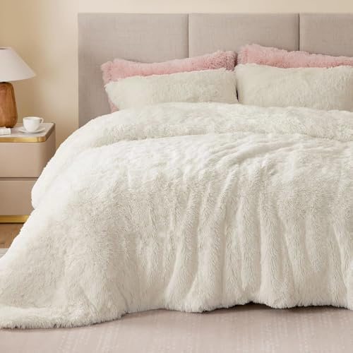 Sacebeleu Set di biancheria da letto in peluche, 135 x 200 cm, bianco crema, caldo inverno, soffice flanella, copripiumino con chiusura lampo e 1 federa 80 x 80 cm