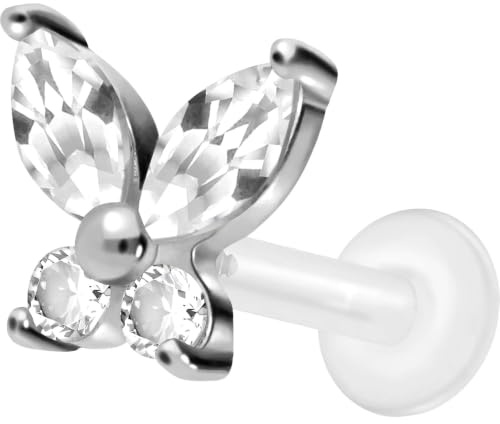 PIERCINGLINE PTFE Labret mit Gewinde Titan Aufsatz KRISTALLSCHMETTERLING Piercing Lippe Nase Ohr Helix Tragus Medusa Silberfarben 1,2 x 10 mm
