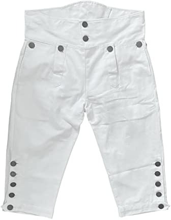 Mens Colonial Knee Breeches 18th Century Pants Fall Front Style, White, XXL