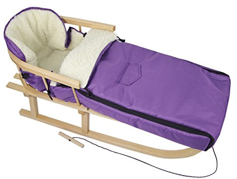 Kombierbjudande träsläde med ryggstöd och dragrep + universell vinteråksäck (108 cm), även lämplig för babystol, barnvagnar, buggy, lammull, uni (lila + släde)