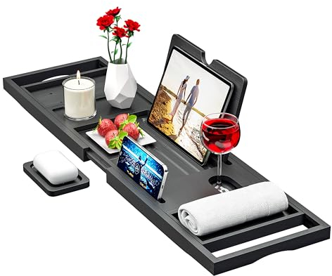 Banlilu Vassoio per Vasca da Bagno di Alta Qualità, Espandibile e Regolabile, in Bambù, Nero, Multicompartimentato, Perfetto per il Relax in Casa