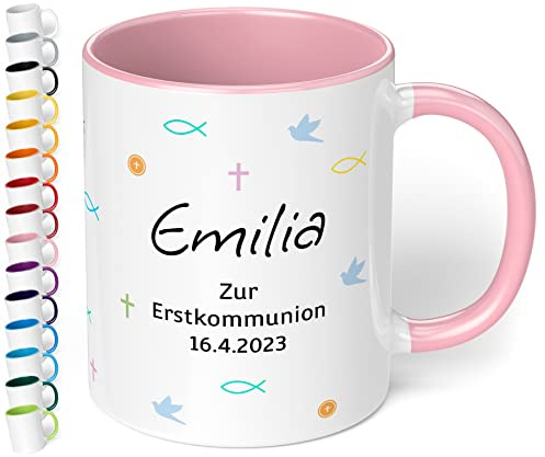 Tasse zur 1. heiligen Kommunion mit Namen und Datum „Zur Erstkommunion“ – personalisierte Kindertasse für Mädchen & Jungen - Kommunions-Geschenke von Paten Eltern Oma Geschenkideen (Rosa)