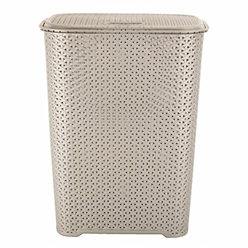 CHPL MOCHA 65 Litre Rattan Style Drop All Laundry Basket with Hinge Lid & Knit Design Basket | Linen Storage Clothes Organiser Bin | Space Saving Basket For Bathroom, Bedroom. (Mocha)