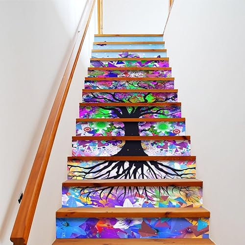COALHO Abstrakte Waldbäume Selbstklebend Wasserdicht Treppenerhöhung Treppe Aquarell Farbe Stil Bunte Blumen Bäume Schmetterlinge für Innen- und Außentreppe 100CMx18CMx2 Set
