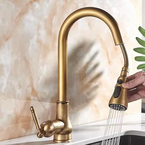 Antique Brass Kitchen Tap with Pull Out Spray, Kitchen Sink Tap Swivel Hot and Cold Single Handle Brass Multi-Function Retro Kitchen Mixer Taps-Antique