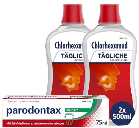 Parodontax tägliche Fluorid Zahnpasta, 1x75ml + Chlorhexamed Tägliche Mundspülung, Effektive Plaquereduktion, 2x500 ml