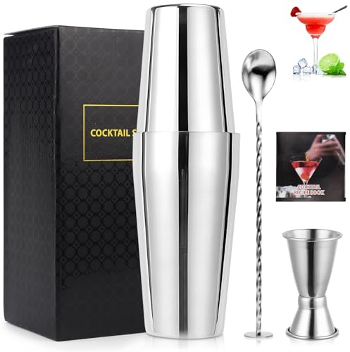 Cocktail Shaker Set Cocktailset Metall Shaker Edelstahl Bar Zubehör 3 Teiliges Cocktailshaker Cocktail Mixer Geschenkbox Boston Shaker 750 ml Coktailshakerset mit Messbecher 15/30 ml und Barlöffel