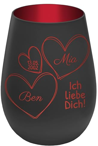 Windlicht mit Gravur ''In Liebe vereint'' - Schwarz/Rot - Glas Teelichthalter personalisierbar mit Wunschtext - Geschenk zu Valentinstag Hochzeit Verlobung Jahrestag