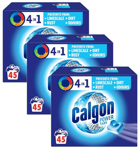 Calgon 4-in-1 Washing Machine Cleaner and Water Softener Tablets, 45 Count, Pack of 3 | Removes Limescale, Residue, Dirt, Rust & Malodours | Deep Clean | L Pack Size