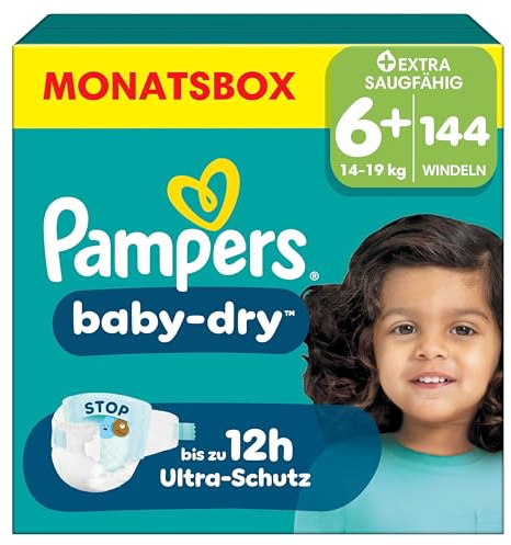 Pampers Baby-Dry storlek 6+, 144 blöjor, 14–19 kg, upp till 100% läckageskydd och komfort hela natten