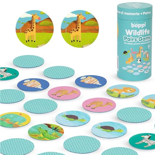 boppi Pairs minnesspel/matchande spel för småbarn – engagerande pedagogiskt/Montessori minnesmatchande spel för barn från 3 år och uppåt – vilda djur
