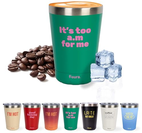 Fisura – Vaso termo original. Vaso termo café para llevar granate. Taza de café 310 ml. Taza térmica acero inoxidable. Libre de BPA. Para coche. (Too a.m, verde)