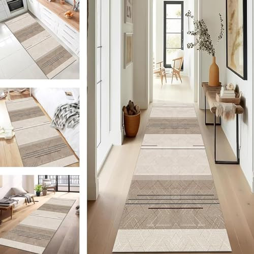 SUCERU Teppich Läufer Flur Abstrakt rutschfest Waschbar 70X150CM Modern Kücheläufer Teppichläufer Braun Grau Polyester Teppichmatte Teppichläufer für Korridor Schlafzimmer Innen Wohnzimmer