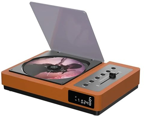 Reproductor de CD vintage Bluetooth 5.2 con audio ajustable de graves, batería integrada y control remoto IR - Reproductor de CD