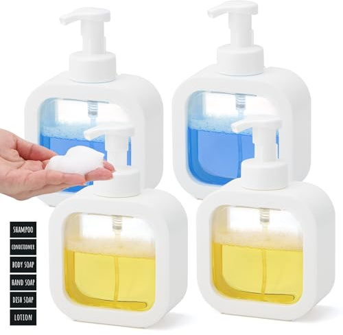 Segbeauty Dispensador Jabon Baño, 4 Piezas 500ml Dispensador Espuma, Botella de Espuma, Dispensador Jabon de Plástico, Jabonera Baño Dosificador con Etiquetas, Set Baño Accesorios (Blanco)