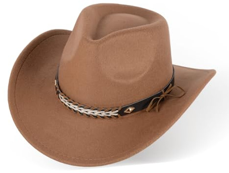 SIGONE Cowboy Hat for Men & Women Cowboy Hat Soft Felt Wide Brim Hat in Brown with Adjustable Strap, Stylish Metal Buckle, Perfect for Western Theme Parties Cowboy Outfit Outdoor Activities
