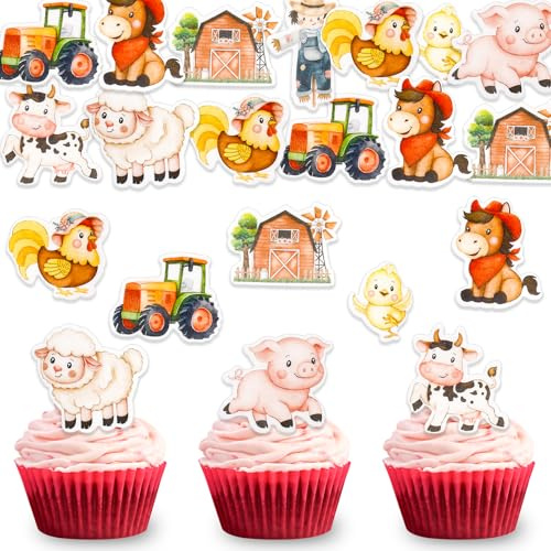 DazzJoy 45 Stück Essbare Tortendeko Bauernhof Geburtstag Deko,Bauernhof Tiere Essbare Kuchen Deko,Esspapier Tortendeko Traktor Geburtstag,Nutztiere Cupcake Topper,Kuh Schaf Schwein Huhn Muffin Deko