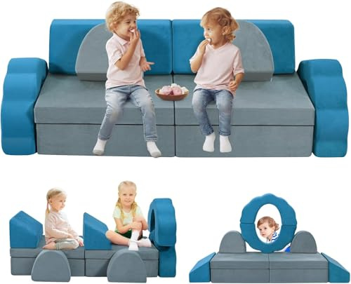 MINENICE Kindersofa,10-teilige Schaumbaublock Kinder Spielen Sofa, modulares Kindersofa, lustiges klappendes Kinder-Sofa-Bett, für Jungen und Mädchenentwicklungsintelligenz (Graublau-10)