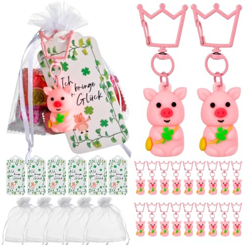 CLTPY 20 Stück Glücksschweinchen Schlüsselanhänger ,glücksbringer,gastgeschenk weihnachten,glücksschwein Hochzeit,Dankeschön Geschenke Kommt mit Organza Beutel und Etikettenkarte,Kommunion
