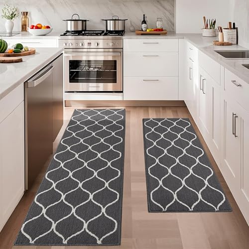 COSY HOMEER 2PCS 23.6x47 Inch 23.6x71.2 Inch Kitchen Rug Mat Set, Soft Absorbent Runner Rugs for Kitchen Front of Sink, Non Slip Washable Kitchen Mat for Floor, Grey