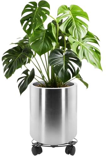LONGRUNNEW Pot de fleurs rond en acier inoxydable avec roulettes et surface résistante aux empreintes digitales, facile à nettoyer pour l'intérieur, l'extérieur, les espaces commerciaux et les lieux