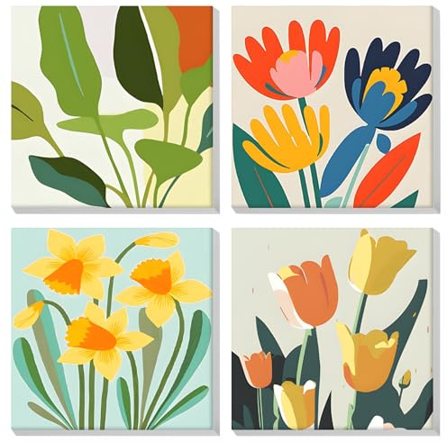 MOGTAA Paquete de 4 pinturas por números para adultos principiantes con marco, pintura de flores por números para niños, pintura acrílica por números en lienzo, kits de pintura al óleo por números