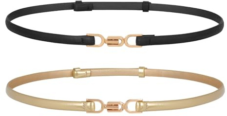 WERFORU läder mager kvinnor bälte mode damer tunt läder midjebälte för klänningar med guldspänne, Svart + guld, 105cm/Für Taillengröße unter 95cm