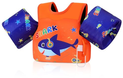 MoKo Chaleco de Natación para Niños, Flotadores de Brazo para Niños de 20-50 lbs, Flotadores de Agua con Silbato, Bonitos Flotadores de Brazo para Piscina Playa, Auricular Naranja Azul Tiburón