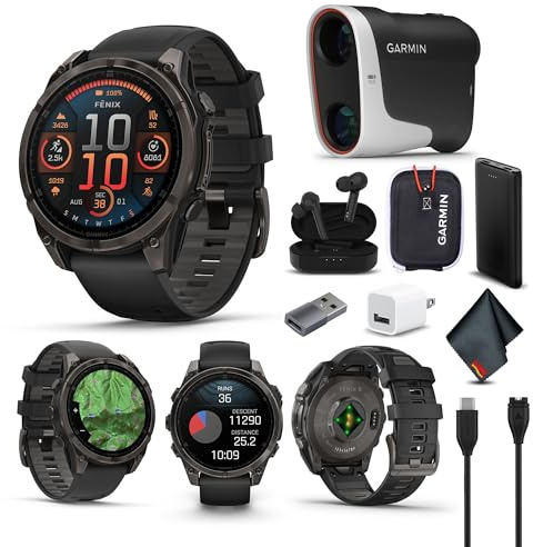 Garmin Fenix 8 47MM AMOLED Sapphire Premium Multisport GPS Smartwatch Carbon Gray DLC Titanium with Gray Silicone Band, Health & Fitness Smart Watch Bundle with Approach Z30 Golf Laser Range Finder