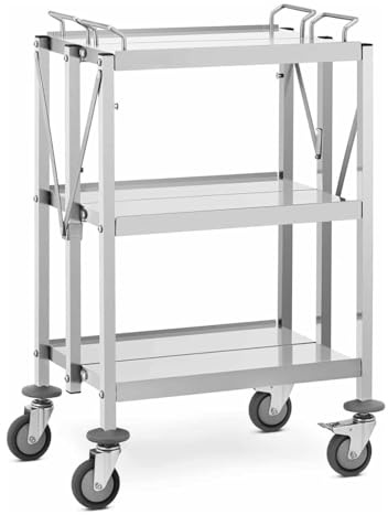 Chariot de Service Pliable en INOX - 3 Plateaux - 650 × 400 mm - Capacité Max 150 kg - Roues 130 mm avec Freins pour Restauration, Hôtels, Collectivités (Modèle Compact – 63 x 40 cm)