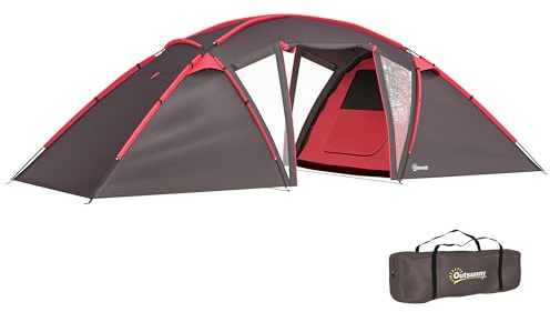 Outsunny 4-6 Man Family Camping Tent w/ 2 Bedrooms and a Living Room, Waterproof Tunnel Tent w/Sewn In Groundsheet, Doors, Windows, Carry Bag, Grey