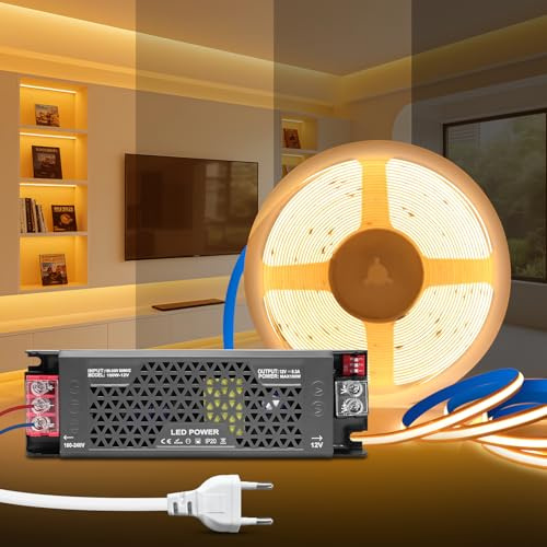 KSIBNW Tira LED COB 5M, 12V Autoadhesivo Luces LED Habitación Blanco Caldo 3000K Tira Luces Ancho 8mm Dimmable con Transformador 220V a 12V Regulable y Cable de Alimentación para Decoración Cocina