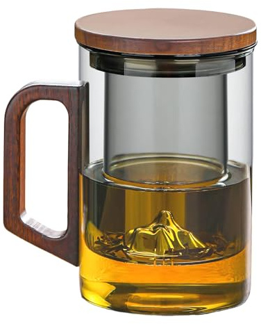 MESNEY Tasse à Thé Avec Infuseur Et Couvercle 950ml, Grande Tasse à Thé en Verre Borosilicate Résistant à La Chaleur, Tasse à Thé Avec Filtre Pour Thé en Vrac, Poignée en Bambou, Encre