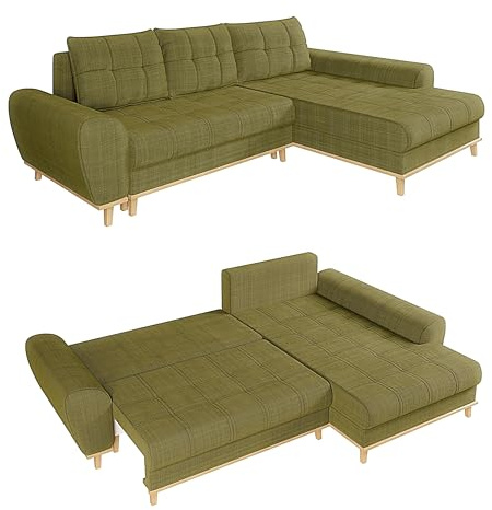 Modernes Ecksofa im Scandi-Stil B268/T175/H86 cm mit Schlaffunktion, Bettkasten, Ottomane rechts, Füße und umlaufender Blende aus Massivholz, mit weichem Bouclé Chenille Stoff in Grün / 21015