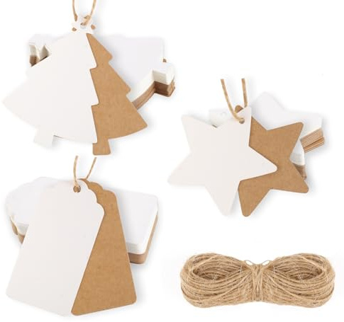 Hoiny Geschenkanhänger Weihnachten, Weihnachtsanhänger, Kraftpapier Anhänger Stern mit Schnur, Etiketten zum Beschriften, Geschenk Anhänger Stern Weihnachtsbäume Deko (Braun, Weiß)