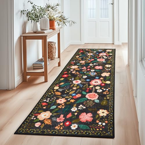 Tapis Couloir Lavable en Machine, Tapis de Passage à Poils Courts, Motif Floral Vintage, à Poils Courts, Idéal pour Cuisine, Salon, Chambre, Bureau ou Chambre d'enfant, Noir Vieilli, 80x150cm
