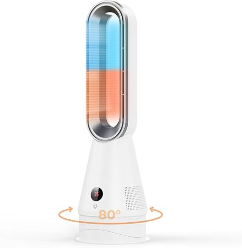 Ventilador Refrigeración y Calefacción sin Aspas, Ventilador Calefactor de Torre Oscilante de 80°, 3 Calefacciones/8 Velocidades/Temporizador 9H/Pantalla LED, para Salón/Dormitorios/Oficinas