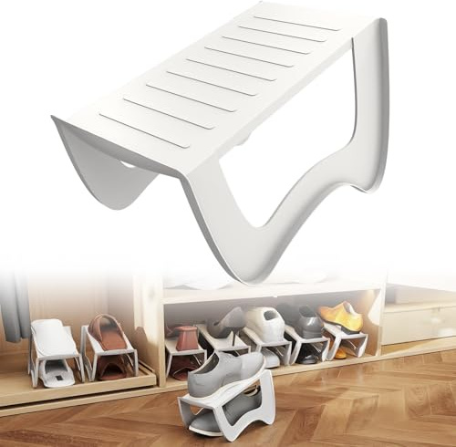 Froadp 10 Stück Schuhregale rutschfest Schuhhalter Platzsparend PP Kunststoff Doppelschicht Schuhstapler Set Schuhaufbewahrung Schuhschlitz Organizer, Weiß